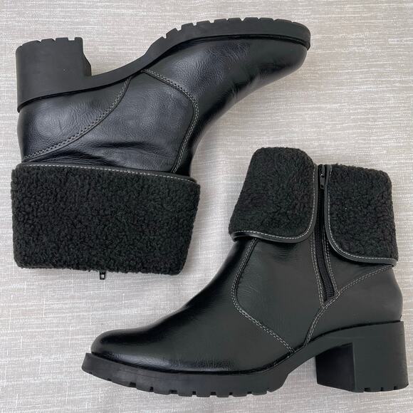 Aerosoles Faux Fur Cuff Black Chunky Ankle Boots Womens 9.5M Winter Warm Comfort - Picture 6 of 9